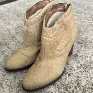 UGG 'Charlotte' Tan Calf Hair Snake Print Embossed Zip Ankle Boots Women's 5.5